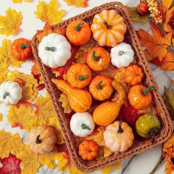 8PCS/86PCS, Autumn And Halloween Decoration Set, Artificial Pumpkin, Gourd, Acorn, Maple Leaf - Classic Style Foam Collection Statue For Harvest Centerpiece Decoration, Home Decor, Thanksgiving,Fall Decor,Autumn,Fake Plants