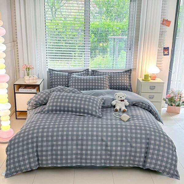 3/4pcs Plaid & Geometric Print Bedding Set (Not Including Filler, Quilt, Pillow) - Soft, Skin-Friendly, Breathable, All Season Bedding Set For Home, Dorm, Office Nap, Duvet Cover, Pillow Case, Mattress Protector