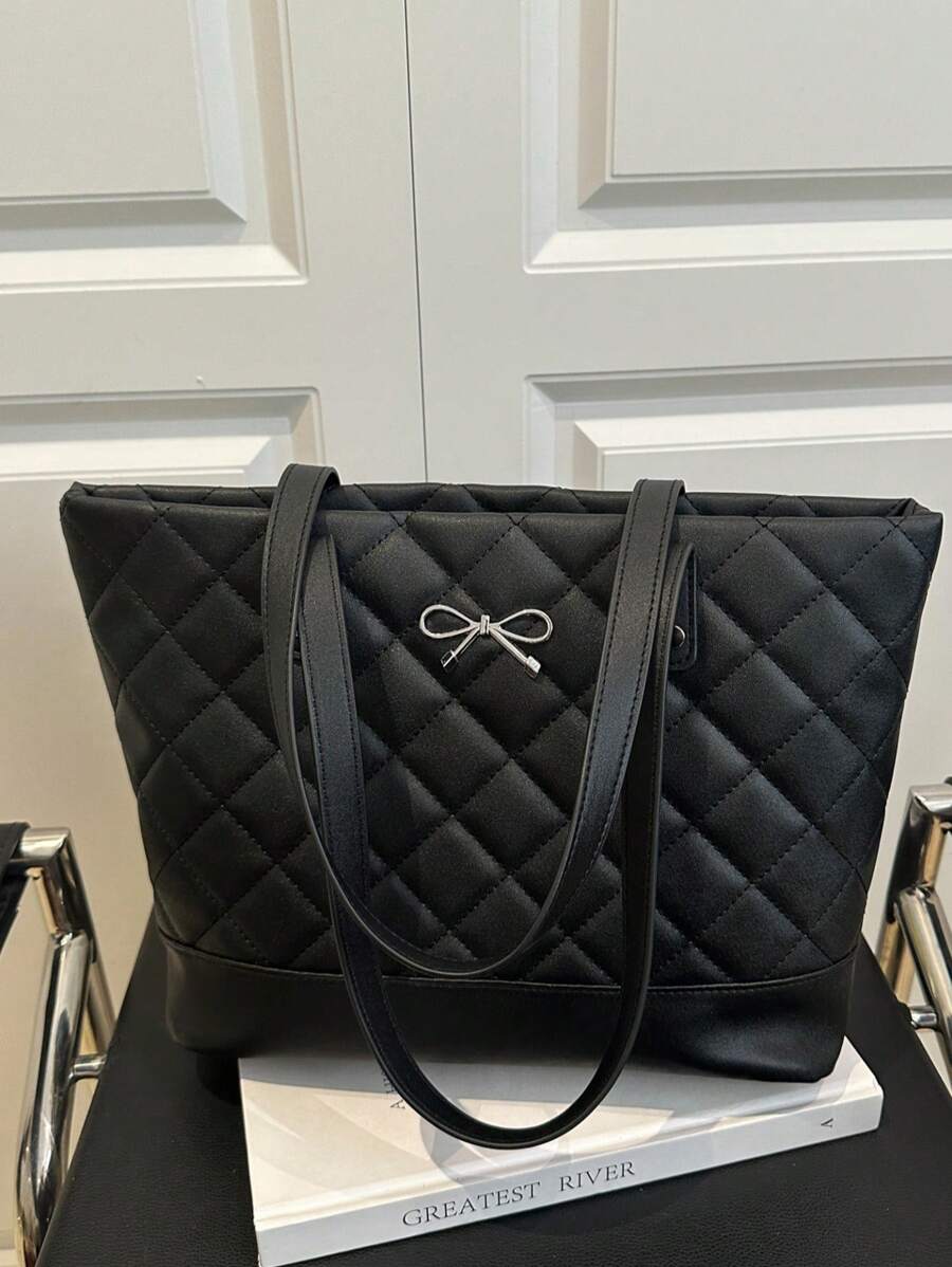 2025 New Rhombus Pattern Casual Large Capacity Bow Decor Tote Bag, Minimalist Fashion Handbag