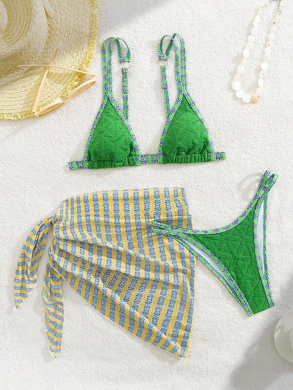 Modischer, sexy 3-teiliger Badeanzug-Set, Bikini aus speziellem Stoff mit StrandurlaubMusterck, Separates, zerbrechlich