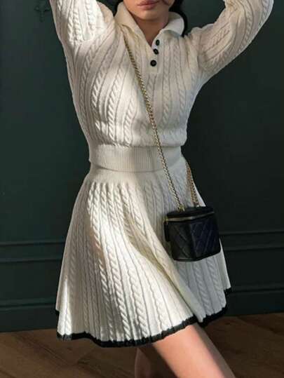 2 pièces Ensemble en tricot : Pull court à col rond manches longues de couleur unie classique + Mini-jupe avec ourlet twist nervuré contrasté. Élégant et , automne/hiver
