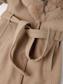女士羊毛混纺大衣，配人造毛皮领、袖口和腰带 - 时尚长款外套，适合寒冷天气 - 駝色 - 查看 6