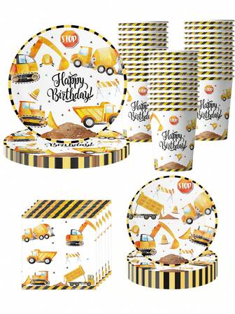 10 件建筑生日派对用品建筑主题装饰包括盘子、杯子、餐巾、餐具，适用于生日派对、建筑主题派对、户外派对，