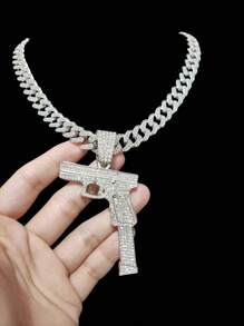 1pc Gun Shaped Pendant & Miami Cuban Chain, Fashion Hip Hop Necklace For Men & Women, Suitable For Daily Wear Or Party, 2 Chain Styles Available
