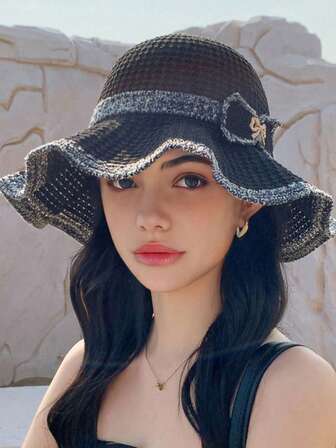 1pc Women's Y2K Style Handmade Crochet Ruffle Edge Knitted Hat,Hollow Knit Bucket Hat, Suitable For Daily Wear, Photography, Party, Picnic, Outdoor