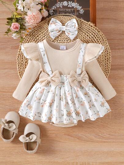 1pc Infant/Toddler Girls Cute Round Neck Long Sleeve Jumpsuit, Thin For Spring/Autumn