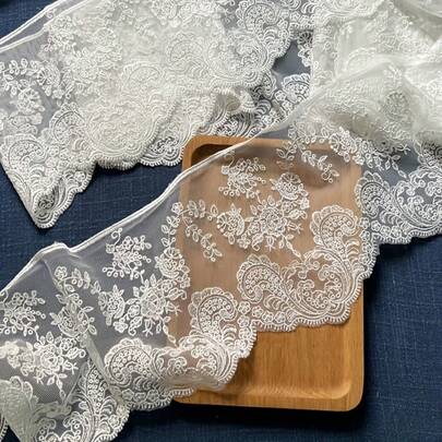 1 Yard White Mesh Lace With Floral Embroidery, Width 14.5cm, Suitable For Wedding Dresses, Veils And DIY Clothing Accessories