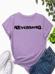 Dama mujer joven juvenil moda chopis playera cuello redondo manga corta gym suave primavera verano jardín casual viaje diseño letras Nevermind - Lila Púrpura - Ver 1
