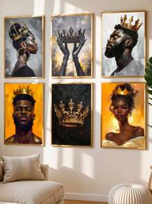 1pc African American Wall Art Kings And Queens Canvas Prints Woman Poster Gold Crown Painting Home Wall Decor Unframed