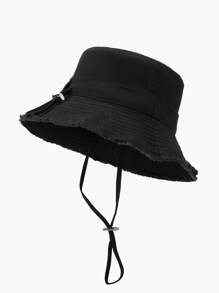 1pc Women's Spring Summer Autumn Solid Color Fringe Drawstring Bucket Hat, Large Brim For Sun Protection, Adjustable Headband, Fashion Accessory