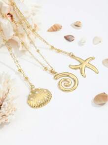 3pcs Ocean Vacation Style Waves, Starfish, Pearl & Shell Decor Multilayer Necklace, Vintage Fashion For Women