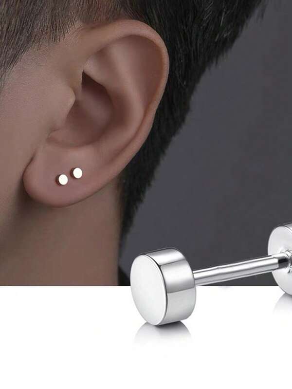 1 Pair Silver Matte Dumbbell Screw Stud Earrings, Fashionable Simple Versatile Earrings, Unisex Daily Accessories