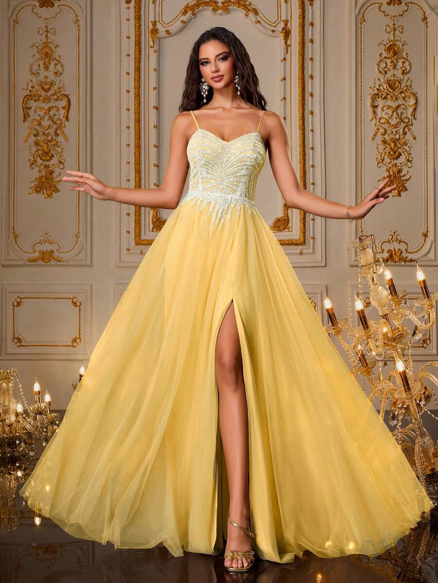 VIPGIRL 闪亮黄色亮片束身网纱礼服，迷人吊带正式晚礼服，高开衩长款派对礼服，尽显奢华优雅，优美长裙 - 黃色 - 查看 1