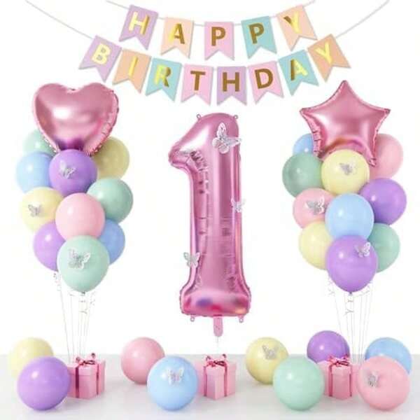 Decoración de 1er cumpleaños para niñas, globo de 1er cumpleaños de macarrón en tonos pastel, globo rosa con el número 1 y pegatinas de mariposas, conjunto de banderines con globos de hojas de aluminio con forma de estrellas y corazones para fiesta de 1 año