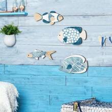 Juego de 4 decoraciones de pared de madera con forma de peces, decoración costera, decoración náutica colgante para baño