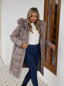 Risissida 女式休闲连帽夹克，带口袋，轻质人造毛皮衬里绗缝风衣，秋季日常穿着冬季外套 - 深杏色 - 查看 7