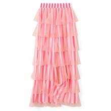 Women  Cute Pants Casual Layered Mesh Ruffles Stripe Print Elastic Trousers For Daily Streetwear - Hồng - Xem 3