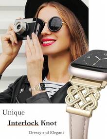 Compatible con correas de Watch para mujeres de 38/40/41/42mm, correa de cuero elegante y delgada con hebilla de nudo celta entrelazado para Series 11 10 9 8 6 5 4 SE 3 2 1, Starlight - Luz estelar/Oro champán - Ver 4