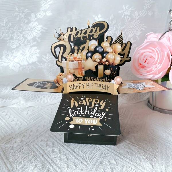 Carte d'anniversaire en 3D noir et or avec pop-up - art papier découpé au laser fait main avec décorations dorées, cadeau unique d'anniversaire et de célébration pour lui/elle, mari/femme - décoration de fête élégante