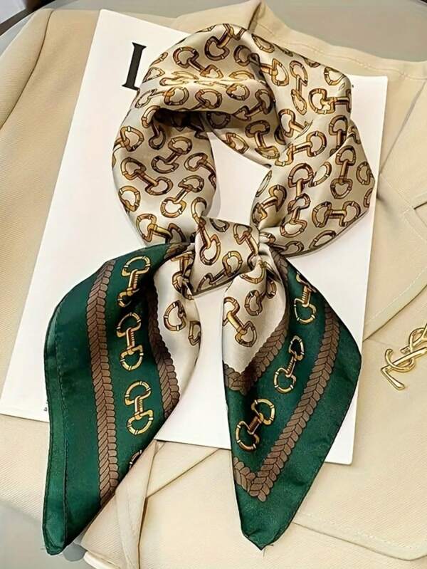 1pc 26.7 Inch Vintage Metal Buckle Printed Square Scarf - 100% Polyester Imitation Lightweight Neckerchief
