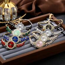 1 pieza Reloj de cuarzo con diseño de hoja de rhinestone colorido, ajustable, para uso en fiestas, de moda