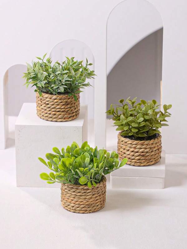 3pcs/Set Artificial Rattan Small Potted Plants, Seaweed Rope, Three Different Bodies, Green, PE Material, Polyester Fiber Material, Desktop Decorations, School Dormitory Office Decoration, For Valentine's Day, Easter, Spring Festival Decorations,1/3pcs