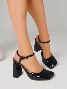 Mule Heel Sandals For Women Ankle Strap Square Toe Heels Elegant Summer Slingback Chunky Heels - 黑色 - 查看 6