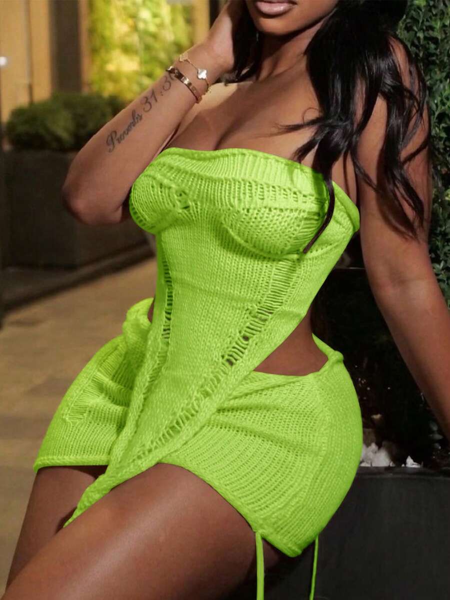 Yuwenier Sexy Solid Color 2-Piece Set, Hollow Out Headband Design Knit Tube Top & Bodycon Knit Skirt, Vacation Wear Spring/Summer Knit Suit - Green - View 1