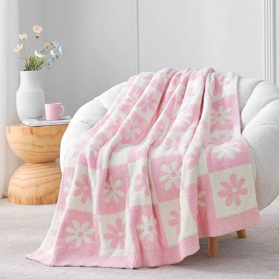 Sofa Blanket Living Room Cover SetSac Leopard Throw Blanket Couch Bed Sofa 50x60 Inches, Reversible Beige Leopard Blanket Ultra Soft Cozy Blankets Women Mothers Birthday Gifts - 淡粉色花 - 查看 1