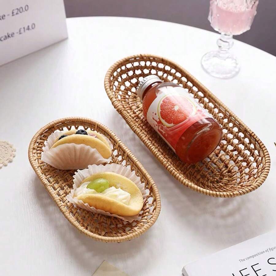 1pc 7.08/10.23 Inch Japanese Style Natural Rattan Bread Basket, Dessert Fruit Tray, Tableware Cutlery Storage Organizer Basket - Yellow - View 1