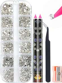 Cristal Strass Decoração de Unhas Conjunto de Tamanhos Mistos Pedras Planas Claras e AB Inferiores, Gemas de Diamante DIY Ferramenta de Arte de Unhas Caneta Pontilhadora, Pinça, Suprimentos para Unhas