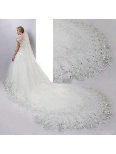 1pc 4m Luxury Sparkling Lace Wedding Bridal Veil, Elegant And Dramatic Wedding Hair Accessory Fall Clothes For Women