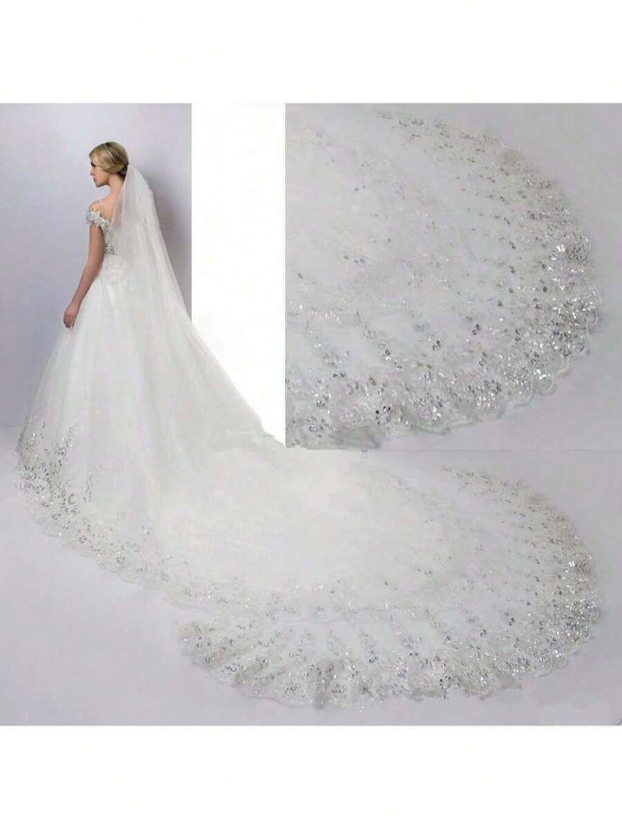 1 件 4 米奢华闪亮蕾丝婚礼新娘面纱，优雅而引人注目的婚礼发饰，适合女士秋季服装