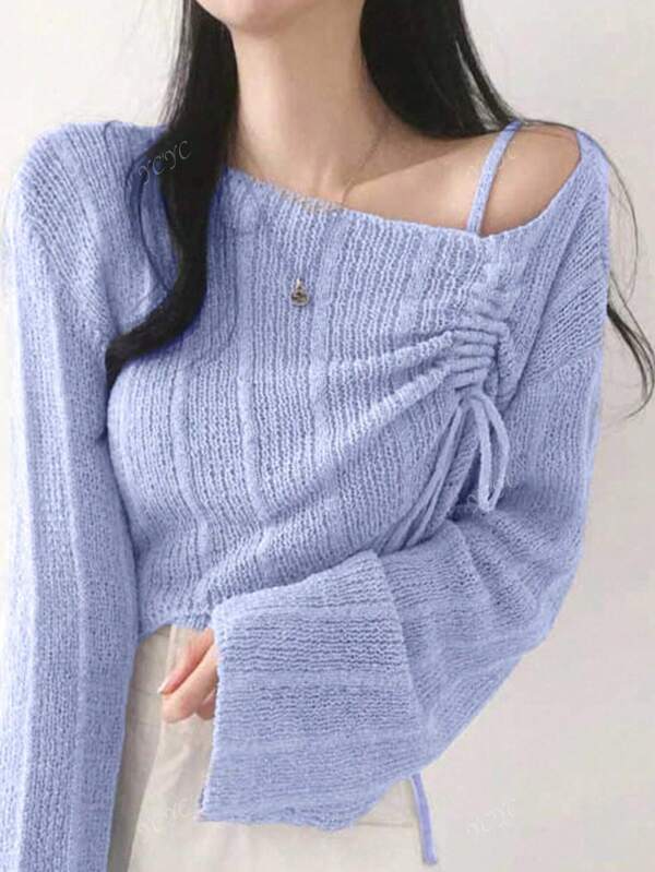 Women Soft Knit Pullover Sweater With Drawstring, Korean Elegant Style