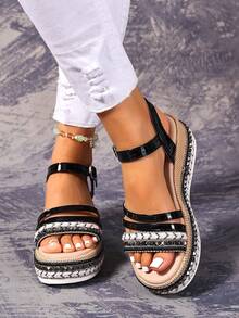 Sandal đế xuồng mùa hè thanh lịch, sandal đế dày kiểu La Mã đan dây thừng trang trí đinh tán, sandal hở mũi phong cách Bohemian với quai thun co giãn, thoáng khí, thoải mái, sandal bệt thanh lịch thường ngày, phụ kiện du lịch thiết yếu - màu đen - Xem 6