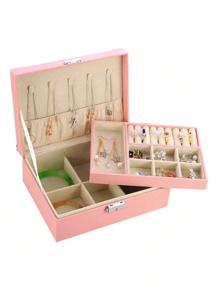 Large Double Layer Multifunctional Jewelry Case With Key