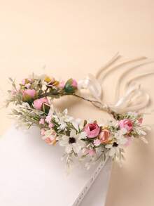 1件粉色玫瑰花波西米亚风新娘婚礼花冠头饰发饰，夏威夷风情，适合女性，派对，少女风，礼物，发饰，头饰，准新娘，情人节配饰，女士发饰 - 粉色 - 查看 2