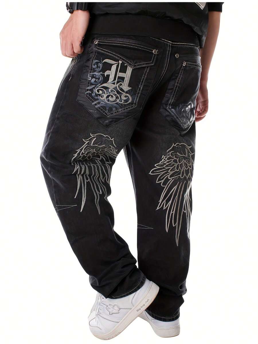 Men's Embroidered Washed Casual Relaxed Straight-Leg Jeans Hip-Hop Streetwear Angel Wing Embroidery For Husband, Boyfriend Gifts Going Out Hang Out Commute College Everyday Outfits Street Dance - 黑色 - 查看 1