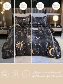 3 件套奢华提花床上用品，数码印花星月图案黑色背景（1 个羽绒被套 + 2 个枕套，不含填充物），个性化经典，柔软涤纶，适合主卧、客房，四季皆宜，送礼佳品 - 彩色 - 查看 9
