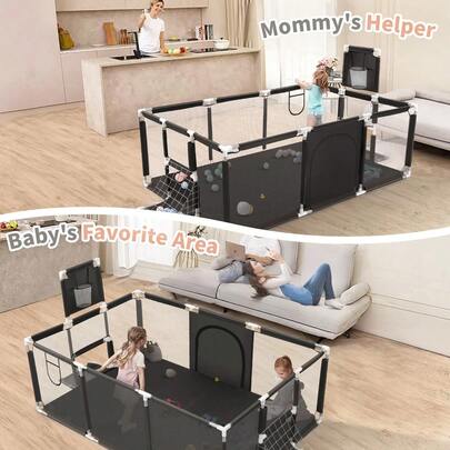 Parque infantil HDJ extragrande de 180 cm con aro de baloncesto y red transpirable, para interior y exterior (negro, rectangular, con estructura de baloncesto)