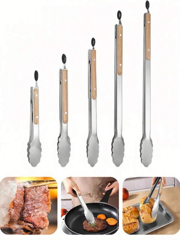 1pc Stainless Steel & Oak Wood Food Clip, Korean BBQ Tongs, Oak Wood Handle Meat Clip, Extended Grill Food Tongs, Suitable For Home, Outdoor, Picnic, Hotel, Kitchen Utensils, Cookware