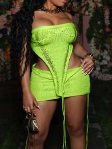 Yuwenier Sexy Solid Color 2-Piece Set, Hollow Out Headband Design Knit Tube Top & Bodycon Knit Skirt, Vacation Wear Spring/Summer Knit Suit - Green - View 4