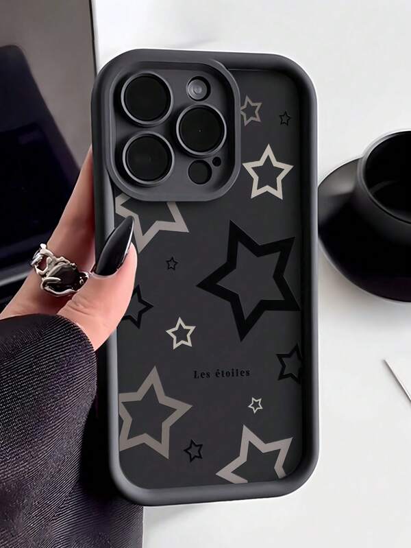 1pc Black Bamboo Lens Protection Fashionable Star Pattern Waterproof Shockproof Anti-Slip Soft Phone Case Cover Compatible With IPhone 16/15/14/13/12/11 Pro Max/7/8 Plus And