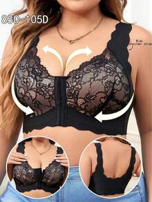加大码时尚蕾丝前扣舒适无钢圈工字背文胸 - 黑色 - 查看 2