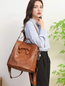 LECEY 防盗背包女士高品质皮革背包女生书包休闲单肩包旅行背包新款 - 棕色 - 查看 4