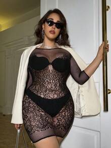 1pc Plus Size Black Lace Hollow Backless Sexy Lingerie, Racy Costume, Women Holiday Outfit