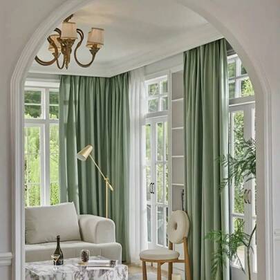 1 pieza Cortina opaca sólida verde 100%, apropiada para villa, granja, balcón, sala de estar, dormitorio, cortina opaca de 140 g/m²