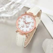 6 pièces Montres pour femmes, cadran simple avec chiffres et aiguilles papillon, montre à quartz ronde. Ensemble de montres, collier, bracelet, bague, boucles d'oreilles. Cadeau pour fête, mariage, vacances à la plage, Saint-Valentin