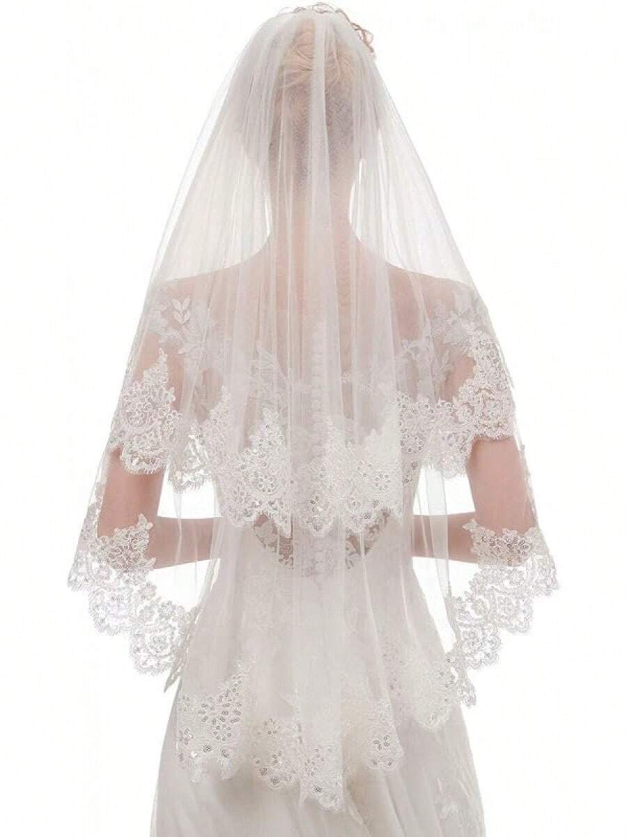 Short Wedding Veil With Comb - 2 Tier Bridal Veil, 24" Length Tulle Bride Accessories For Women - 象牙色 4 和亮片蕾絲 - 查看 1