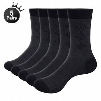 5 Pairs Men Business Socks Breathable Solid Color Crew Socks Daily Office Work Dress Socks Black